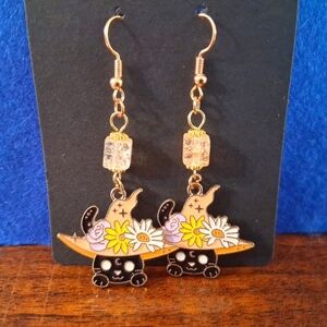 Witch Hat Cat Earrings Black Orange Crystal Dangle French Hooks